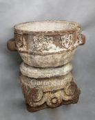 A large 15th / 16th century Istrian or possibly South American stone font, on shaped base, the sides