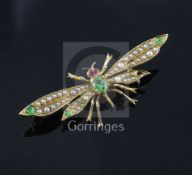 An early 20th century gold, demantoid garnet and seed pearl set bug brooch, with garnet? set eyes,