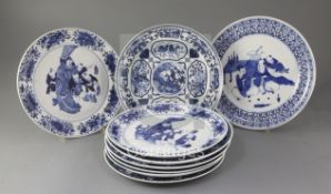 Nine Chinese blue and white plates, late 19th century, five painted with immortals within a border