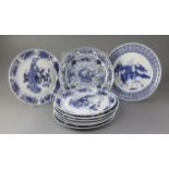 Nine Chinese blue and white plates, late 19th century, five painted with immortals within a border