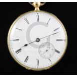 A late 19th century engine turned gold open face cylinder pocket watch by Patek et Cie, with Roman