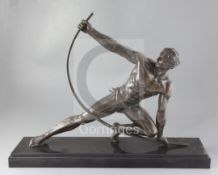 Le Bendeur attributed to De Roncourt. A patinated spelter figure of an athlete, raised on a marble