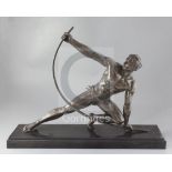 Le Bendeur attributed to De Roncourt. A patinated spelter figure of an athlete, raised on a marble