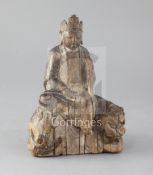 An early Chinese wood group of Wenshu or Manjushri, Song/Yuan dynasty, seated in Royal ease upon a