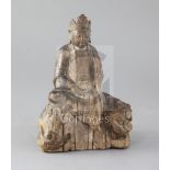 An early Chinese wood group of Wenshu or Manjushri, Song/Yuan dynasty, seated in Royal ease upon a