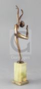 A Lorenzl Art Deco bronze figure of a dancer, signed, raised on a green onyx base, height 13in.