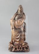 A Chinese rosewood figure of Lu Dongbin, early 20th century, on gnarled hardwood stand, overall