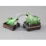 A pair of Chinese green glazed biscuit 'frog' water droppers, 18th century, each bearing Frank