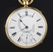 A Victorian 18ct gold open faced keyless lever pocket watch, by Charles E. Beebe, Dulwich, with