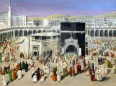 Early 20th century European Schooloil on boardGathering of Muslims at the Kaaba in Mecca, Saudi