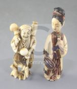 A Japanese ivory figure of a gourd seller and a Chinese ivory figural snuff bottle, late 19th/