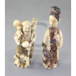 A Japanese ivory figure of a gourd seller and a Chinese ivory figural snuff bottle, late 19th/