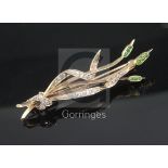 A yellow metal, diamond and gem set "bullrushes" brooch, 52mm.