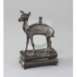 A Chinese bronze 'deer' joss stick holder, 18th century, on a rectangular base and four ruyi