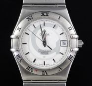 A gentlemen's stainless steel Omega Constellation Perpetual Calendar quartz wrist watch, with