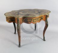 A 19th century Louis XV style marquetry, ebony and kingwood centre table, with frieze drawer, on
