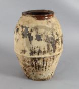 A 19th century, probably French, earthenware storage jar, with unglazed body and a two handled