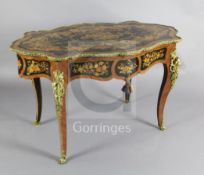 A French ormolu mounted marquetry and kingwood centre table, with frieze drawer, on cabriole legs,