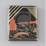 A French Art Deco silver and two colour enamel cigarette case, decorated with riverscape scene,