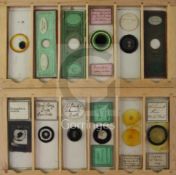 A collection of 19th century and later microscope slides, including etymological, geological and