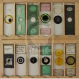 A collection of 19th century and later microscope slides, including etymological, geological and