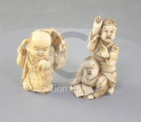 Two Japanese ivory okimono, 19th / early 20th century, the first carved as a street peddler,