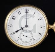 An Edwardian 18ct gold keyless lever open faced pocket watch by Sharman D. Neill, with interior