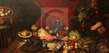 Manner of Giovanni Battista Ruoppolo (1629-1693)oil on canvasStill life of vegetables, meat, fruit