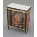 Denis Hillman. A Louis XVI style marquetry inlaid marble topped side cabinet, the white carrara