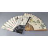 Two Chinese concertina fans, Republic period, the first a paper leaf fan painted birds amid flowers,