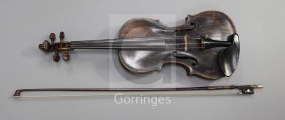 A violin by Sebastian Dalinger, Vienna 1805, cased with a bow, back 14.5in. overall length 23in.