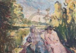 Albert de Belleroche (1864-1944)4 unstretched oils on canvasWoman seated in parkland, a kneeling