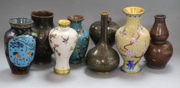 Eight various cloisonne vases, including a long-necked inverted pyriform yellow ground example