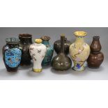 Eight various cloisonne vases, including a long-necked inverted pyriform yellow ground example