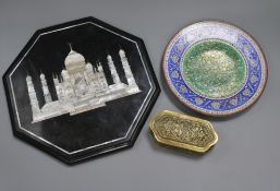 An enamel dish, a metal box and a a marble octagonal base largest 31cm