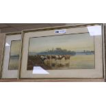 Harold Lawes, pair of watercolours, cattle watering, signed and dated 1892, 21 x 41cm
