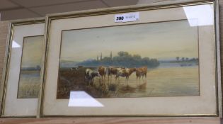 Harold Lawes, pair of watercolours, cattle watering, signed and dated 1892, 21 x 41cm