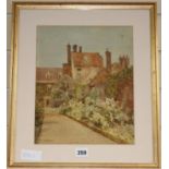 Harry Hine (1845-1941), watercolour, house and herbaceous border, signed, 31 x 25cm