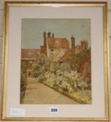 Harry Hine (1845-1941), watercolour, house and herbaceous border, signed, 31 x 25cm