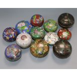 A collection of twelve circular cloisonne boxes and covers, various sizes and designs, a black