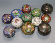 A collection of twelve circular cloisonne boxes and covers, various sizes and designs, a black