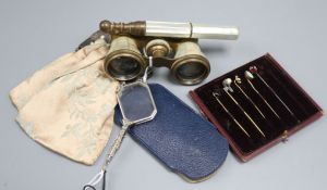 Six stick pins, various, a pair of mother of pearl opera glasses with telescopic handle and two