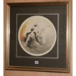 Jean Hardy, drypoint etching, Pierrot serenading a lady, signed in pencil, tondo, 35cm