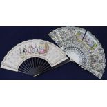 A 19th century Continental bone fan, with hand painted lithographed leaf and another printed with