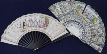 A 19th century Continental bone fan, with hand painted lithographed leaf and another printed with