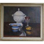 English School, oil on canvas, still life of ornaments on a table top, indistinctly signed, 53 x