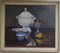 English School, oil on canvas, still life of ornaments on a table top, indistinctly signed, 53 x