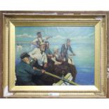 A Newlyn style oil on canvas board, fisherman off the coast, monogrammed, 45 x 60cm