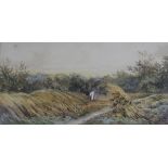 19th century English School, watercolour, harvester in a landscape, 15 x 29cm