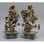 A pair of Chinese jade and hardstone 'bonsai' trees in cloisonne jardinieres (a.f.), H 33cm approx